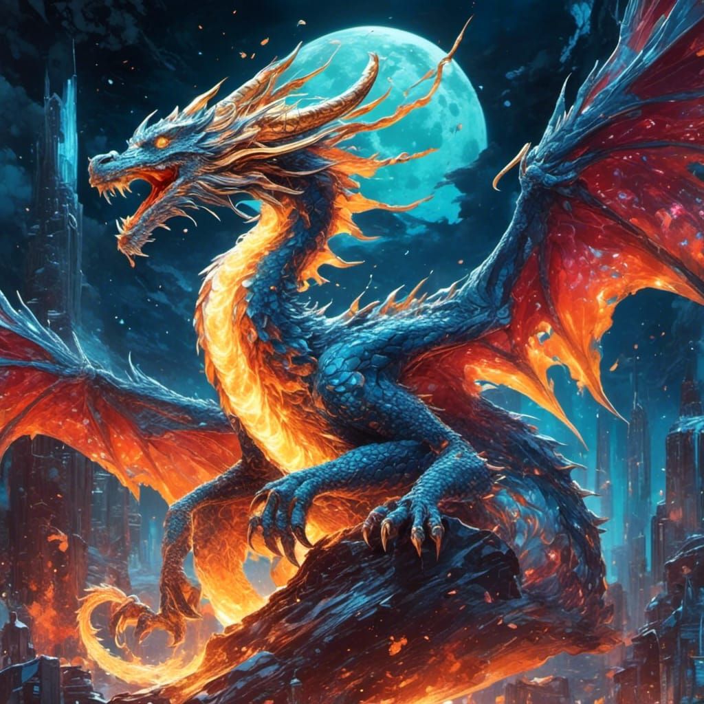 Fiery Moon Dragon Graffiti Art