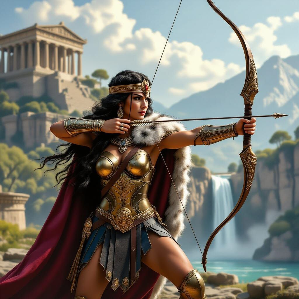 Amazonian Warrior Queen Cleopatra with Bow and Greek Temple