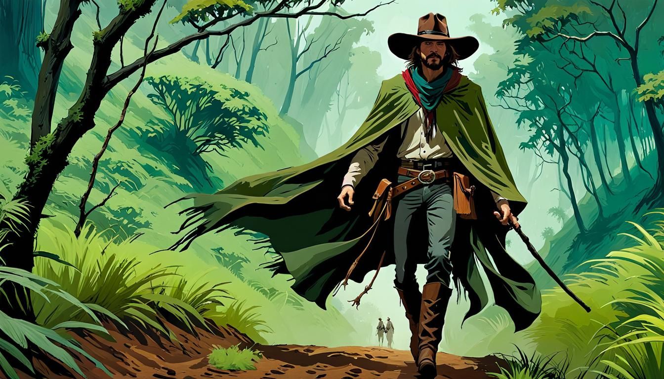 Spider Cowboy Leaping Through Rainforest, Earth Tone Oil Pai...