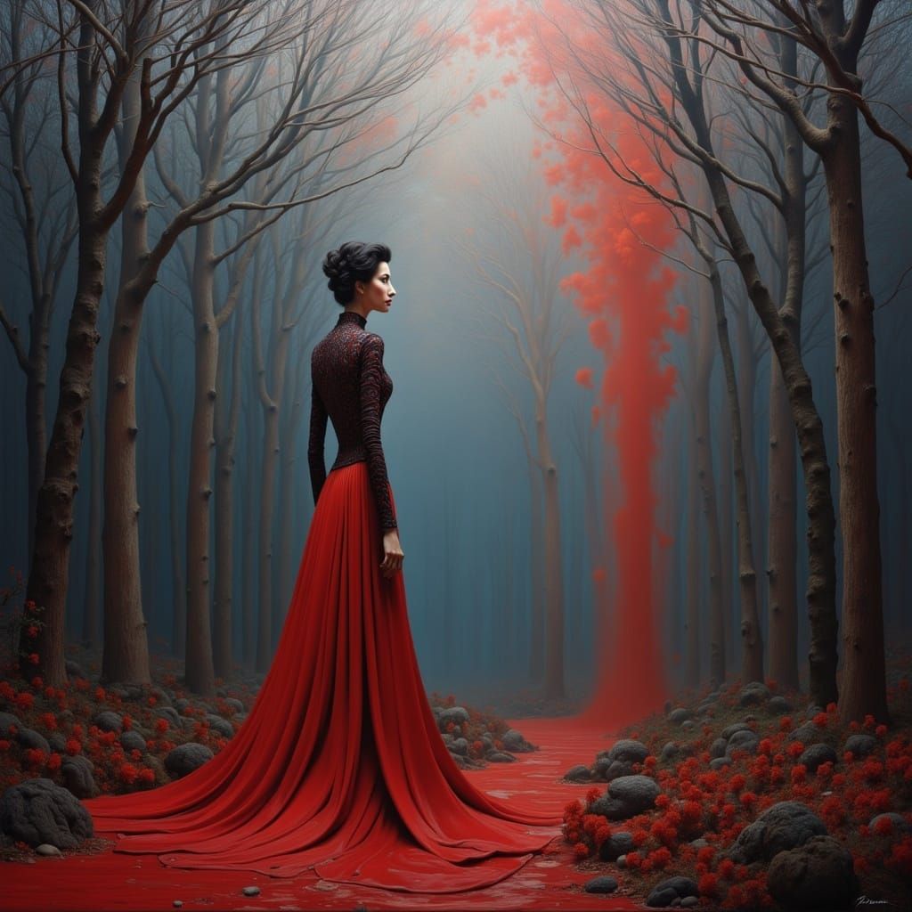 Mystic Female Haunts a Vibrant Red Mist Landscape