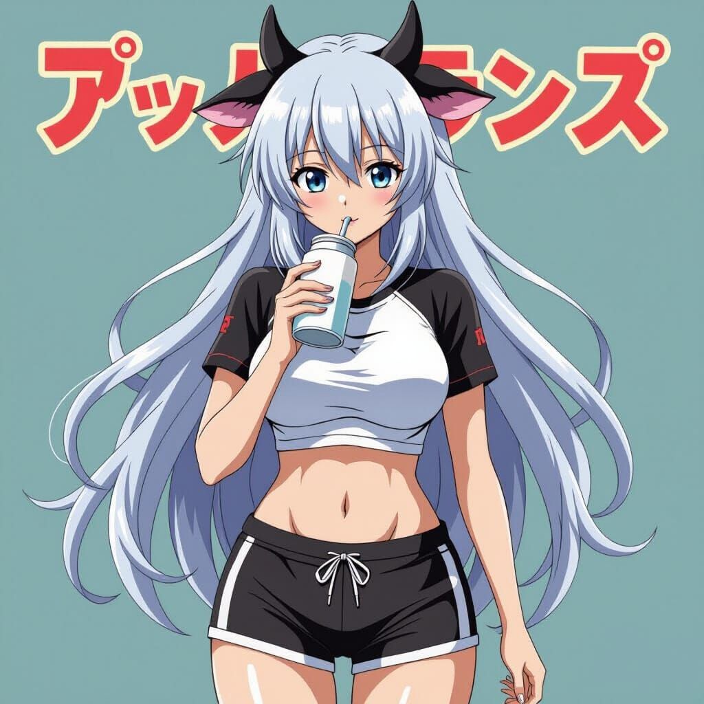 Anime Woman with Cow Ears Drinking Milk
