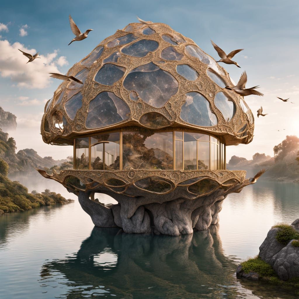 Gemstone Geode House with Birds in Flight Over Water