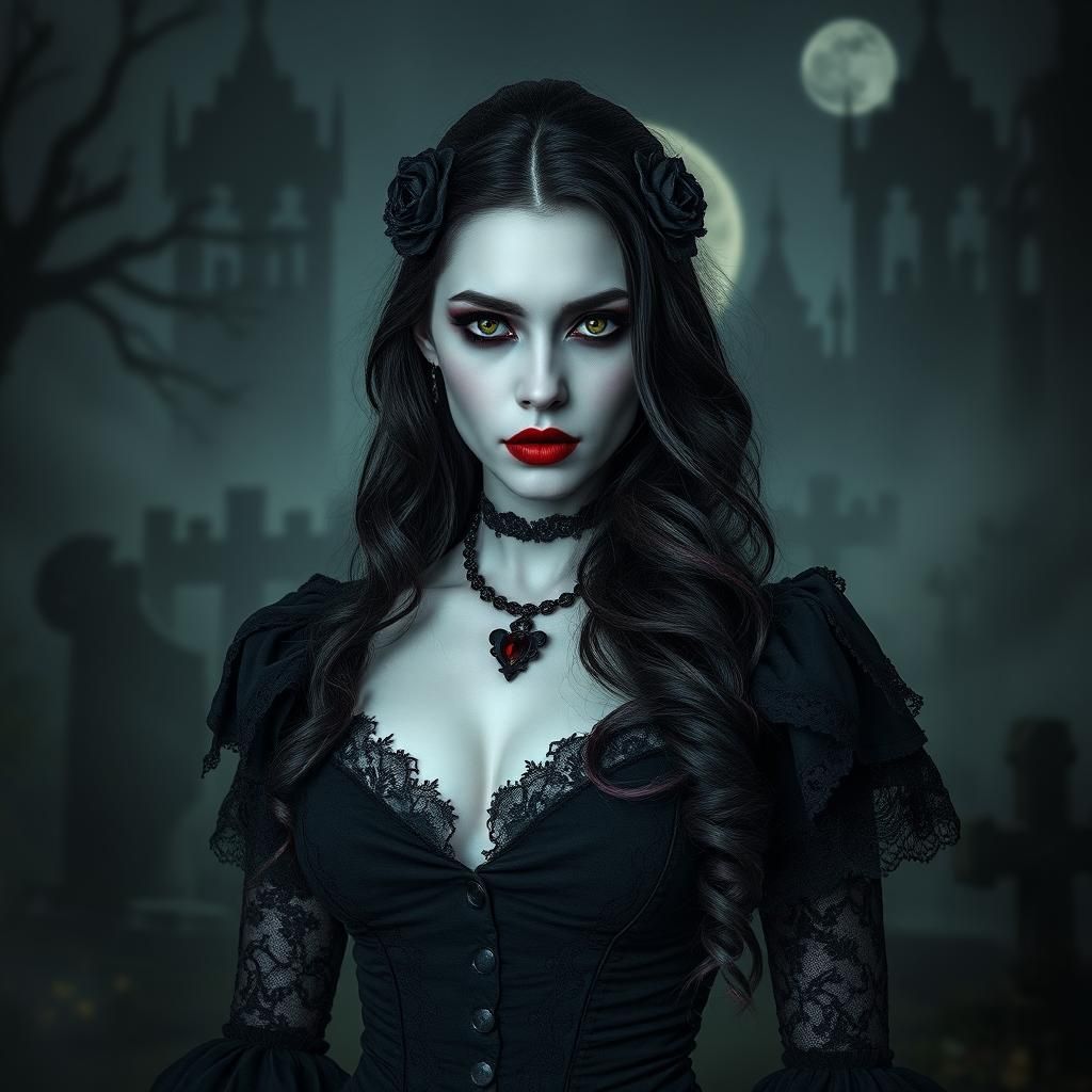 Gothic Vampire Woman in Moonlit Graveyard