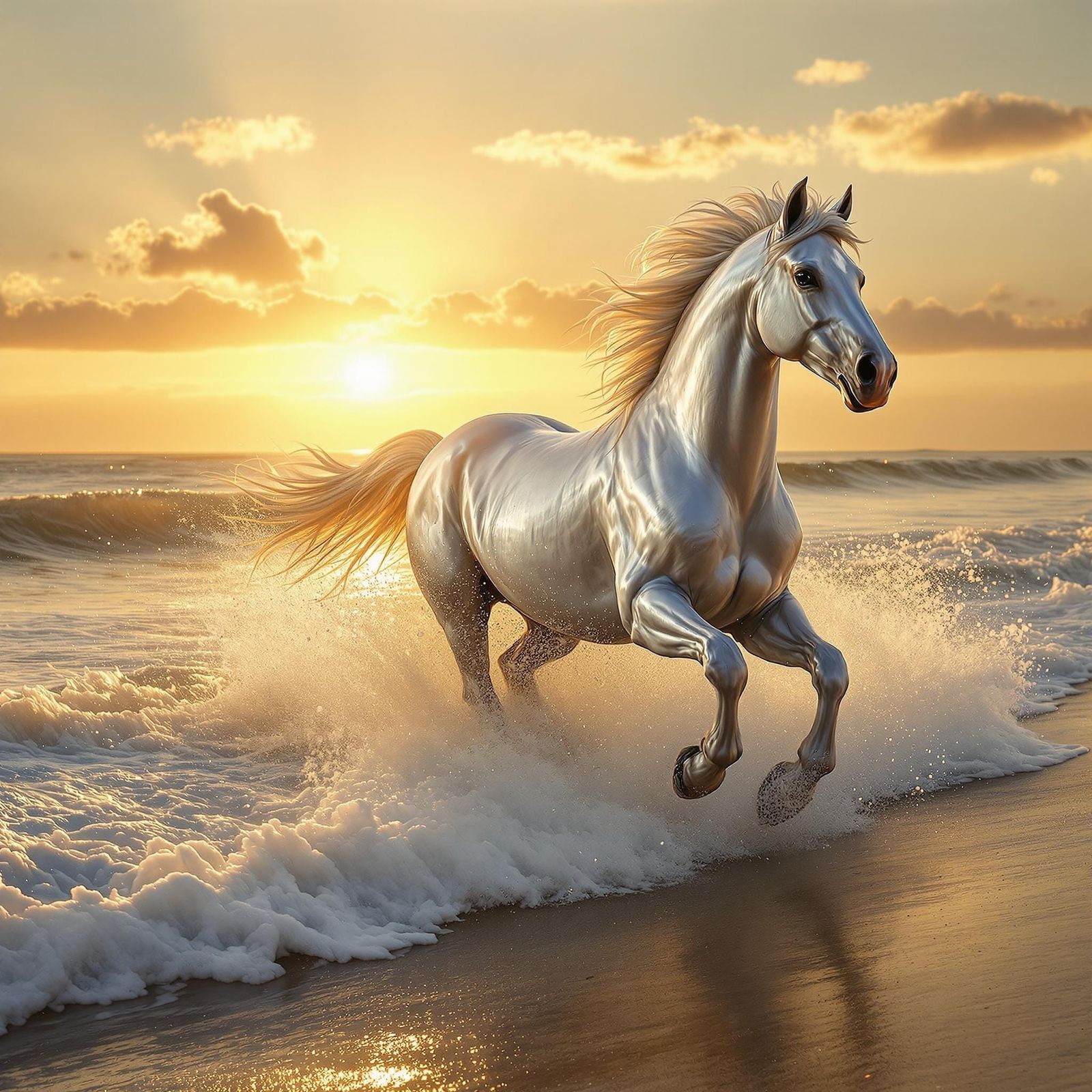 Silver Horse Gallops on Beach at Sunset