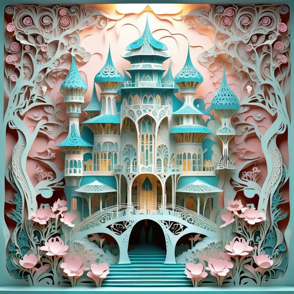 Enchanting Cut-Paper Palace in Spring Forest
