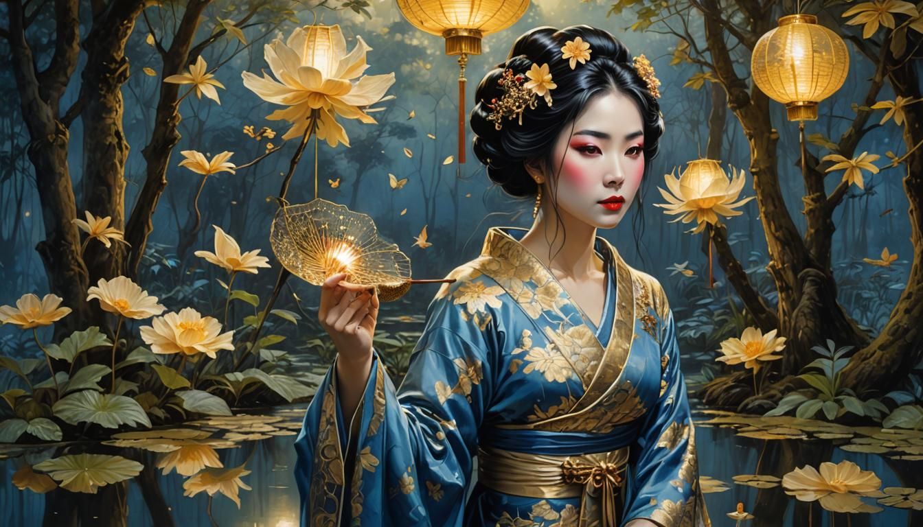 Geisha Offering Gift in Dark Fantasy Style