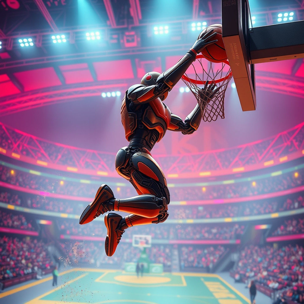 Robot Basketball Player Dunks in Futuristic Arena