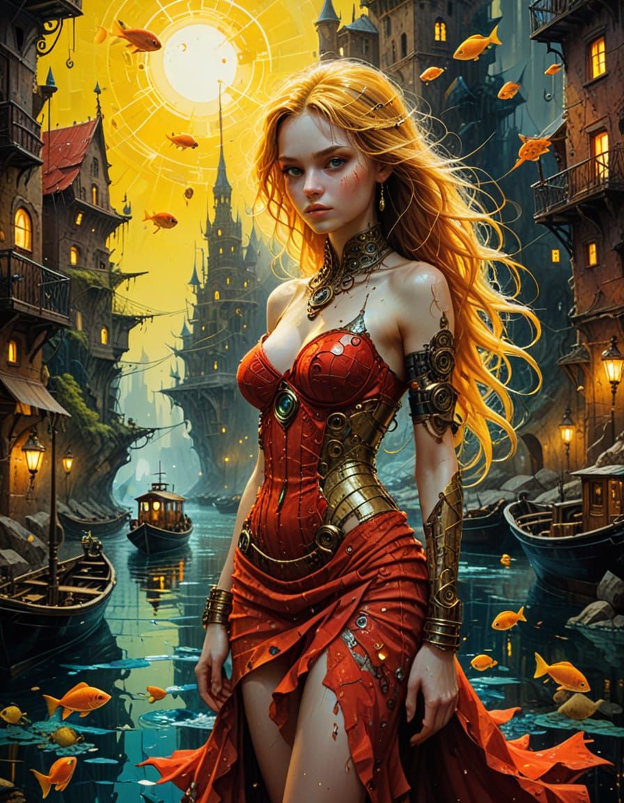 Steampunk Witch Navigates Lost City in Vivid Oil Painting
