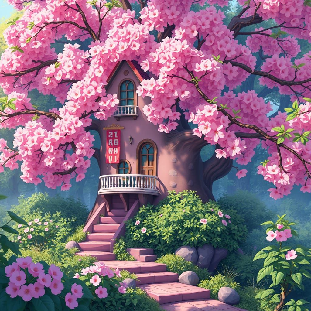 Whimsical Pink Tree House Amidst Lush Foliage