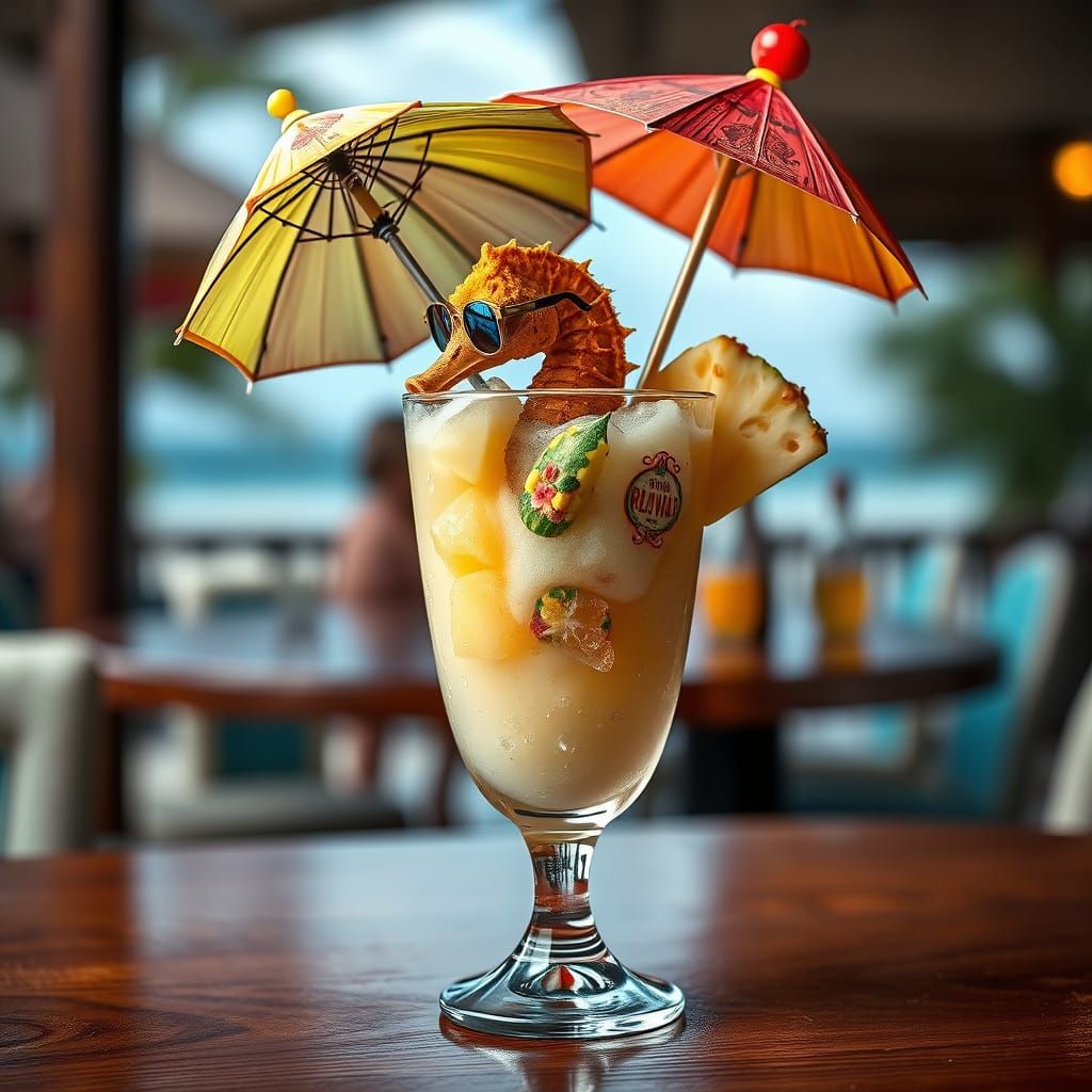 Surreal Beachside Cocktail Scene in Vibrant Colors