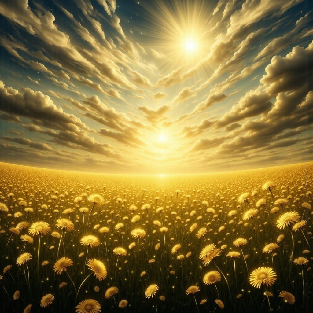 Surreal Golden Dandelion Landscape in Vibrant Colors