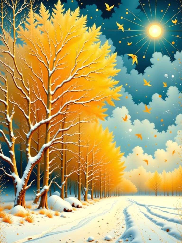 Snowy Winter Landscape with Art Deco and Grunge Fusion
