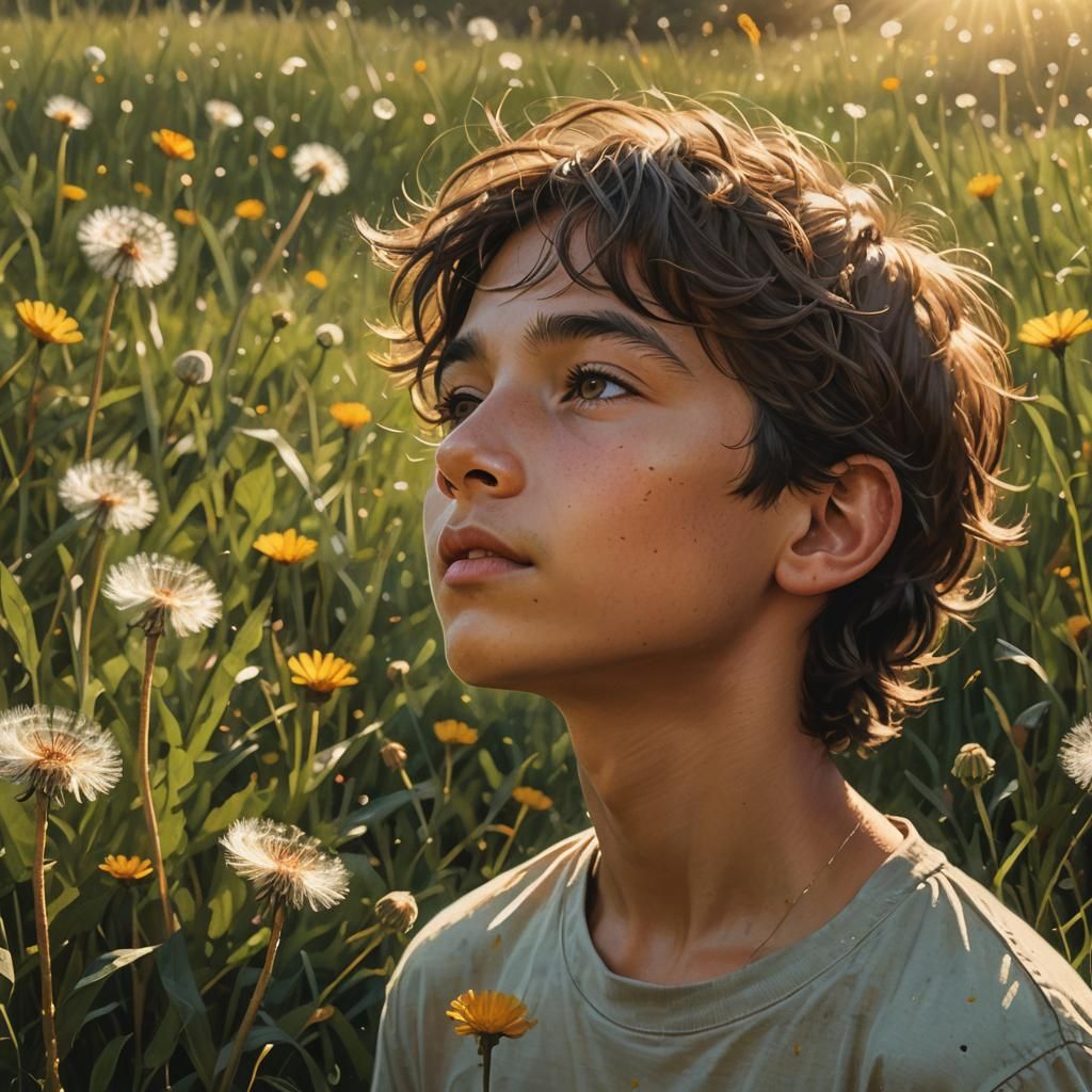 Boy in Meadow Gently Blowing Dandelion Flower