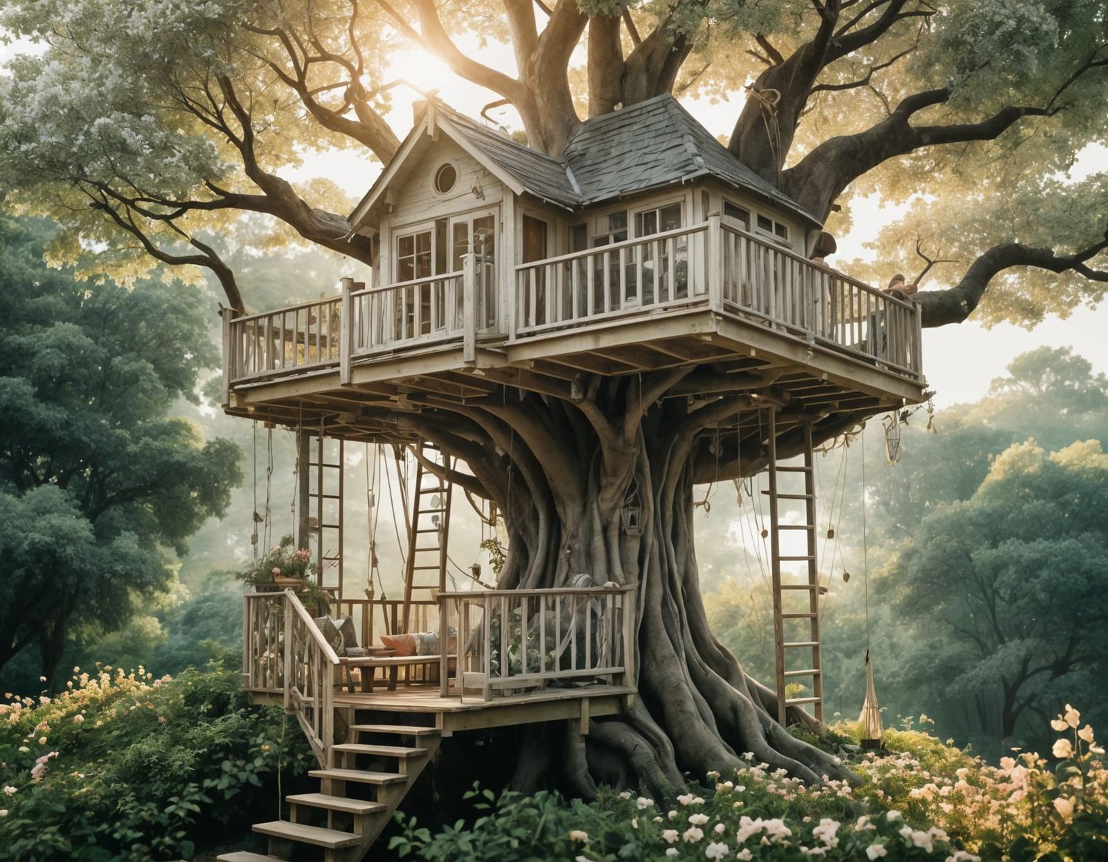 Cozy Treehouse in Light Sky with Delicate Florals