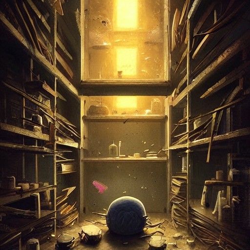 Spooky Abandoned Shelves with Brain in Anime Style