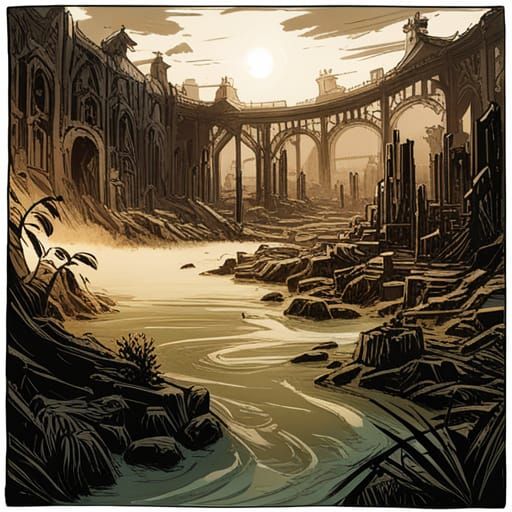 Crocodile in Flooded Temple Ruins: Comic Book Art