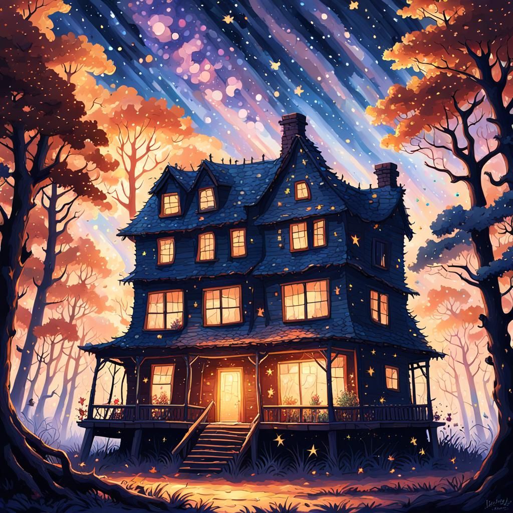 Pointillist Dusk: Abandoned House in the Woods