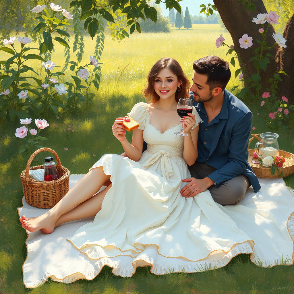 Impressionistic Picnic with Cake and Wine