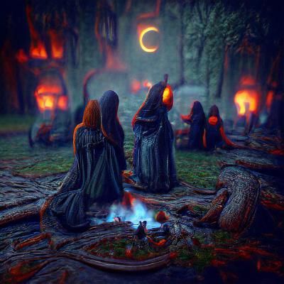 Ominous Hooded Figures in Forest Ritual: 3D Art