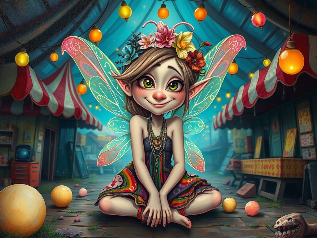 Mischievous Fairy in Abandoned Carnival, Oil Painting