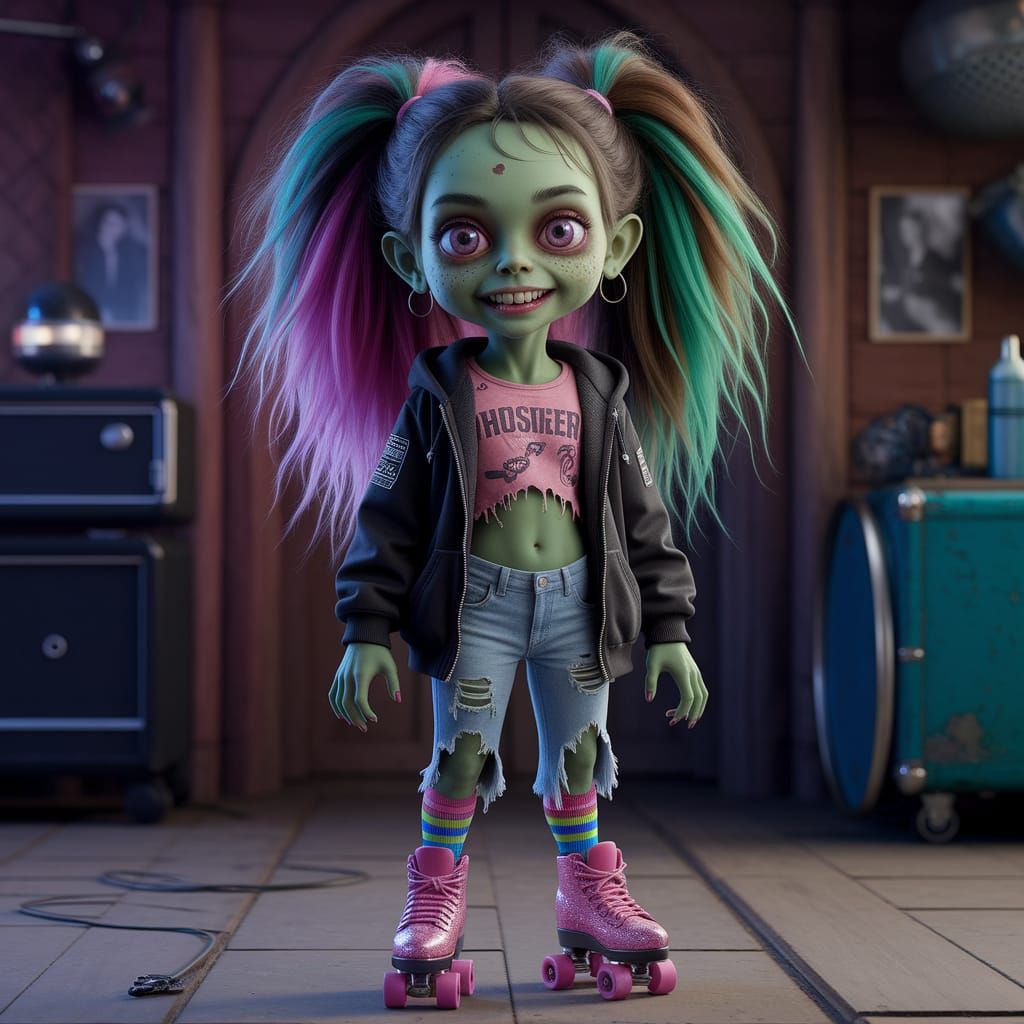 Whimsical Bohemian Zombie Girl Skating