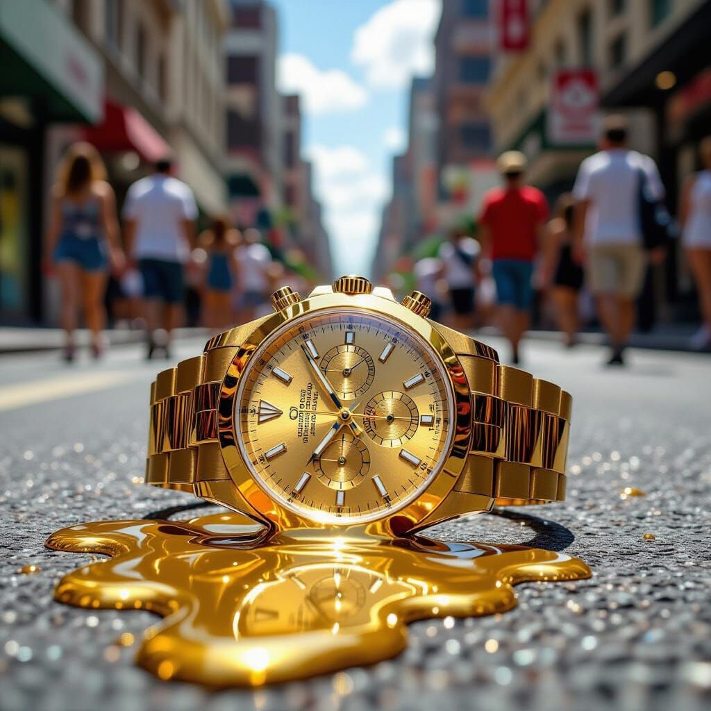 Melting Gold Watches: A Surreal Summer Scene