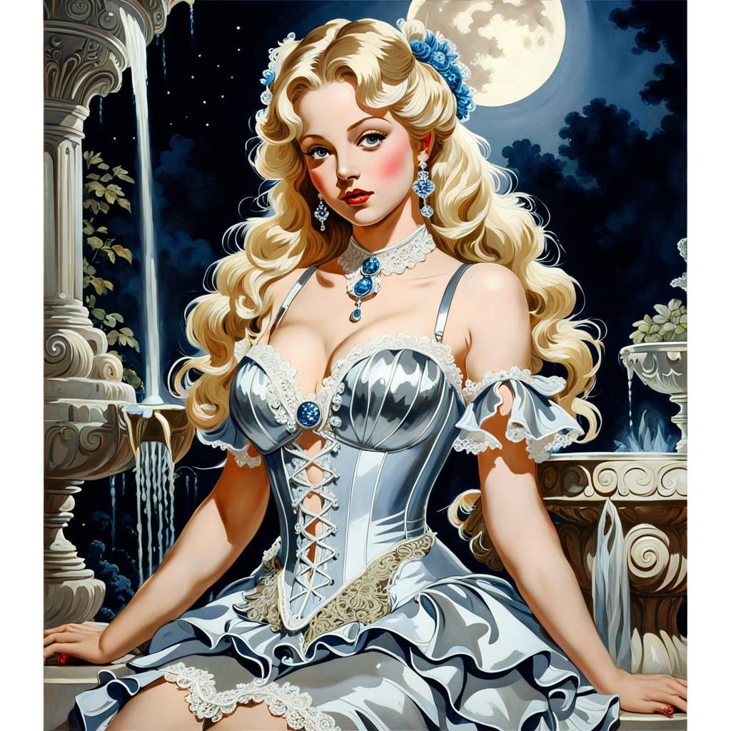 Cinderella in Ornate Dress at Water Fountain