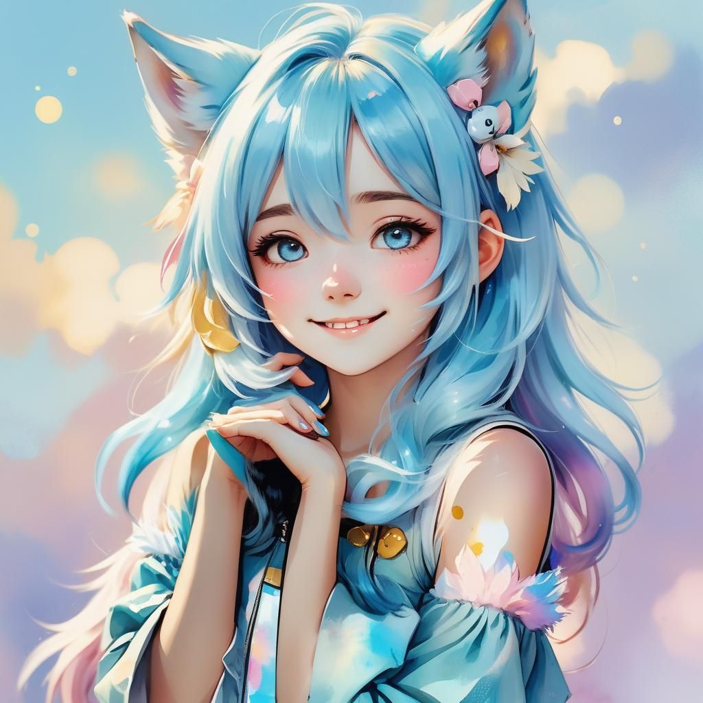 Pastel Anime Girl with Wolf Ears and Sky Blue Hair