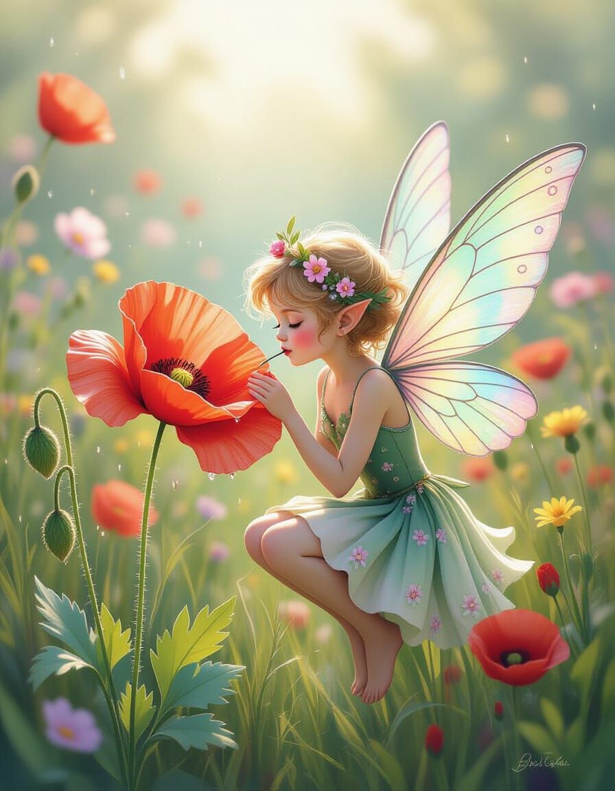 Pixie Sips Nectar in Whimsical Watercolor Garden