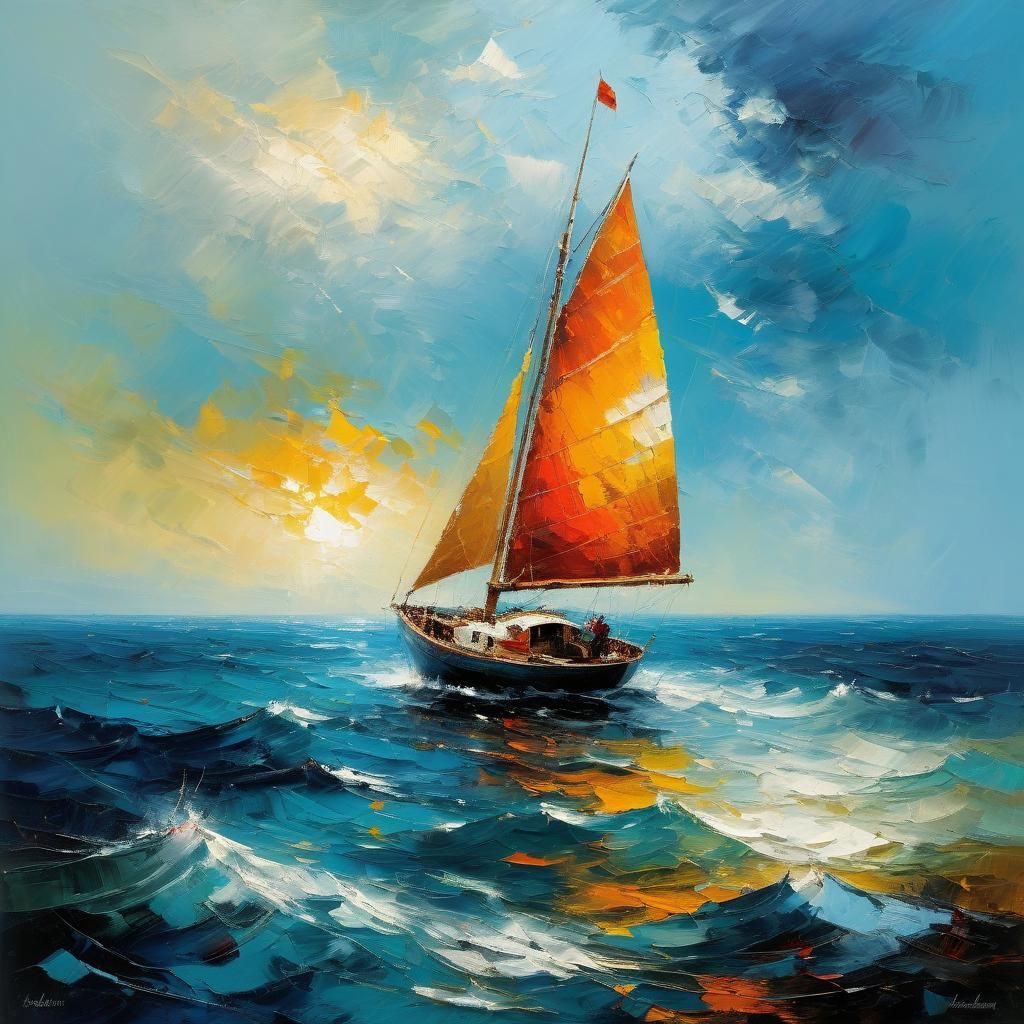 Lonely Sailing Boat Impressionist Oil Painting