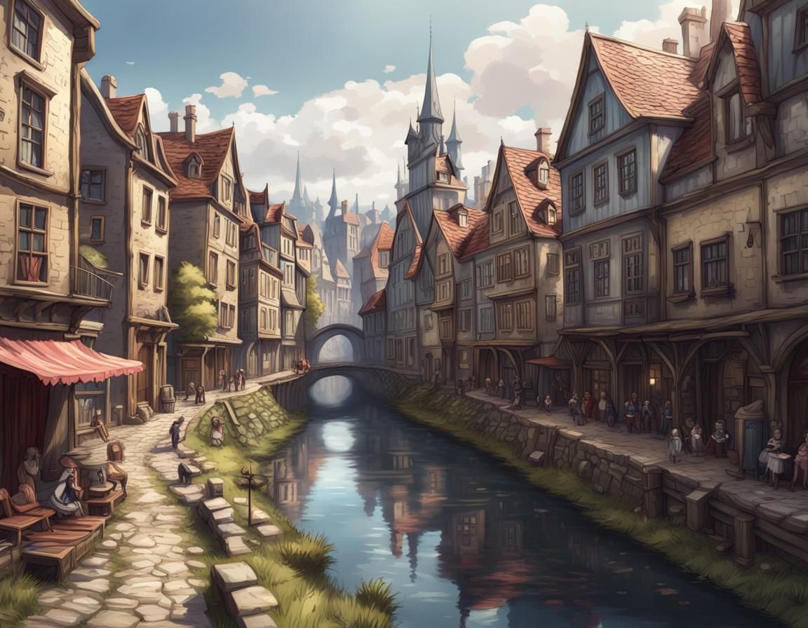 Fantasy European City River in Digital Illustration