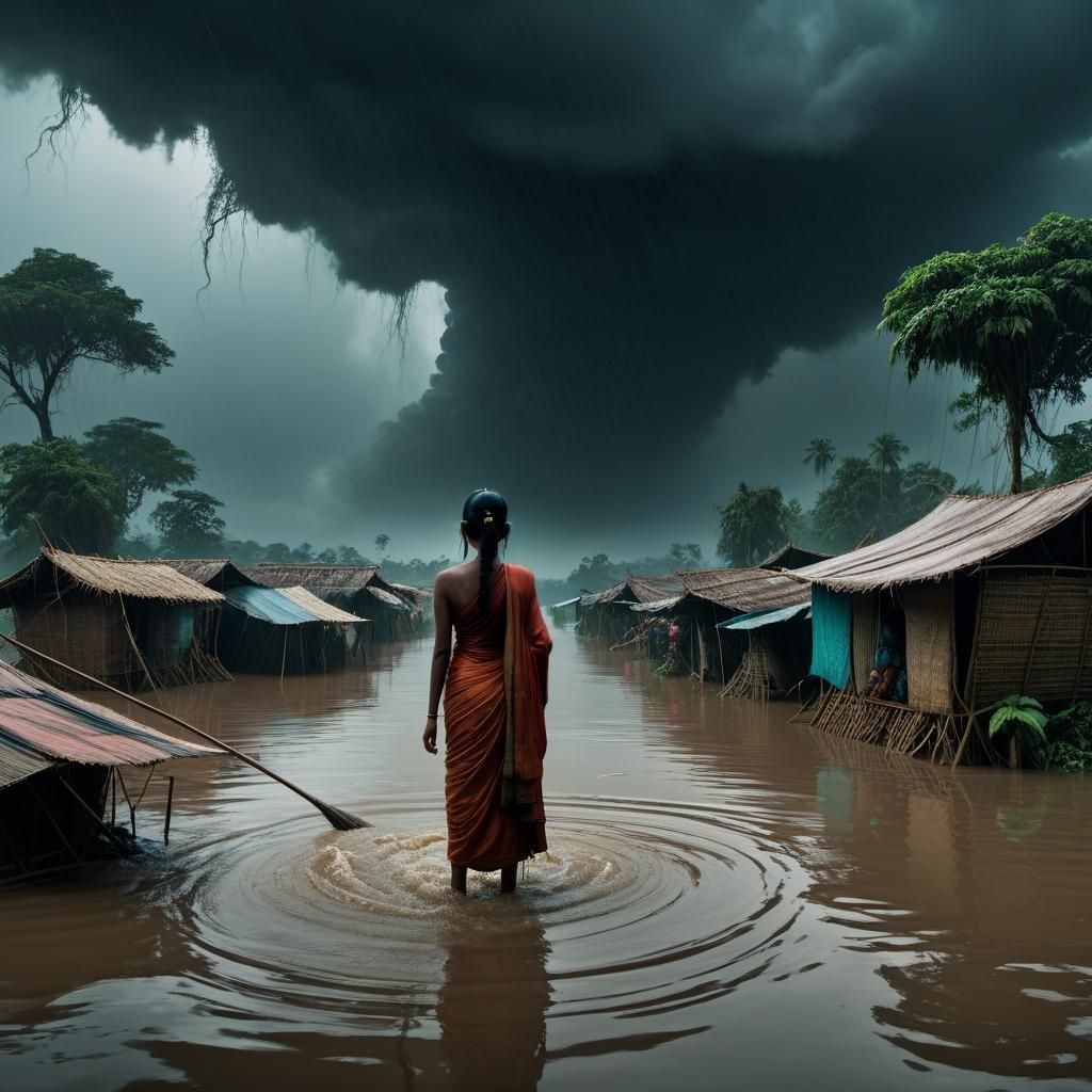 Surreal Bangladesh Monsoon Flood in Grim Fantasy Style