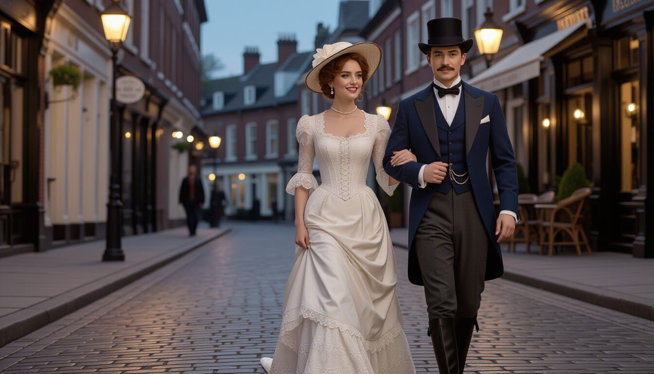 Victorian Couple's Romantic Dusk Stroll: Photorealistic