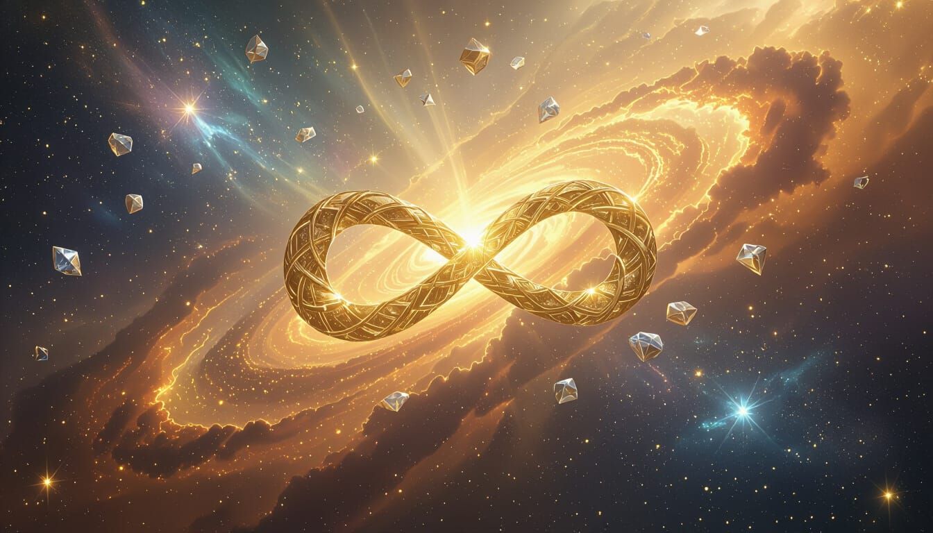 Golden Cosmic Vista with Infinity Symbol and Crystal Cluster...