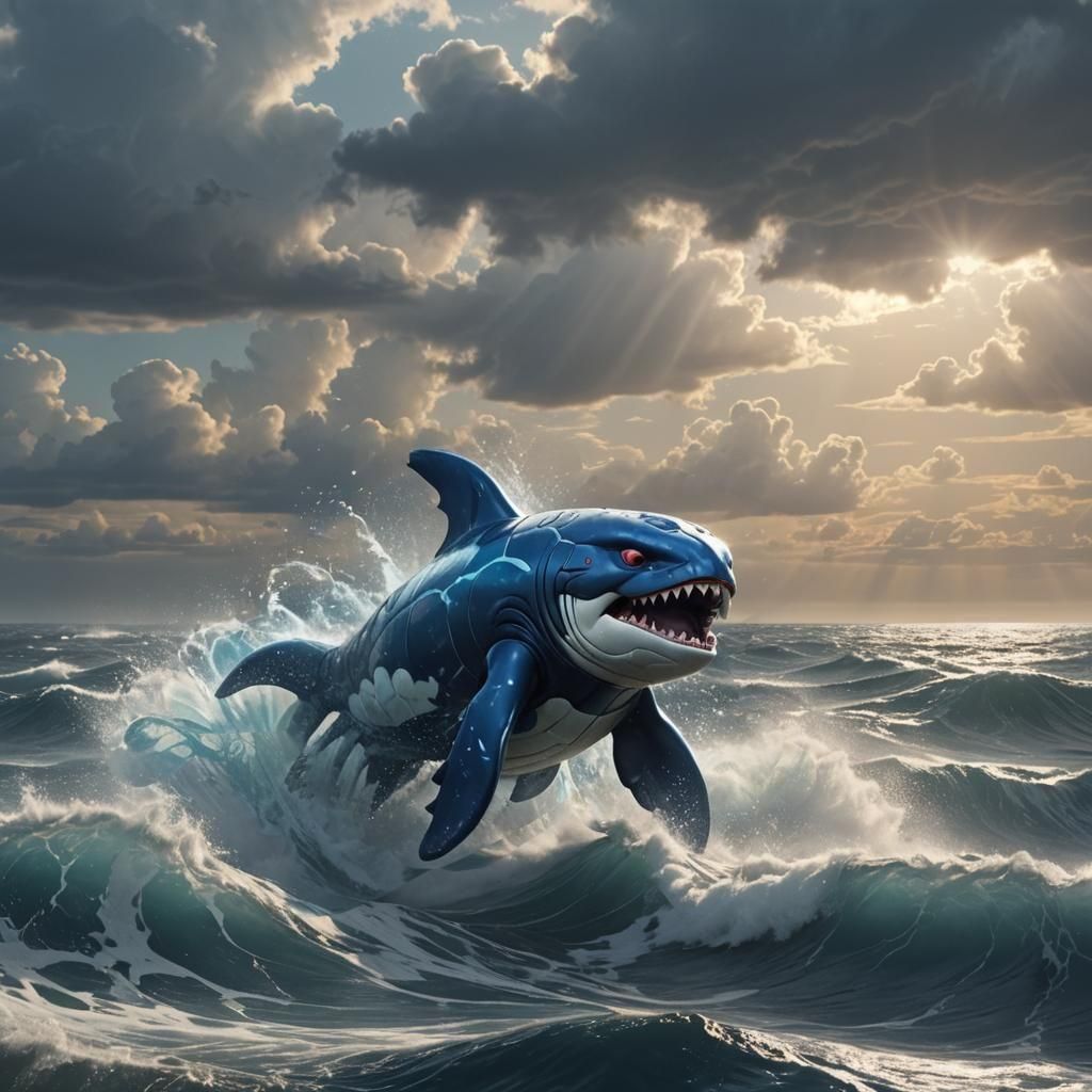 Realistic Kyogre Breaching Ocean, Digital Matte Painting