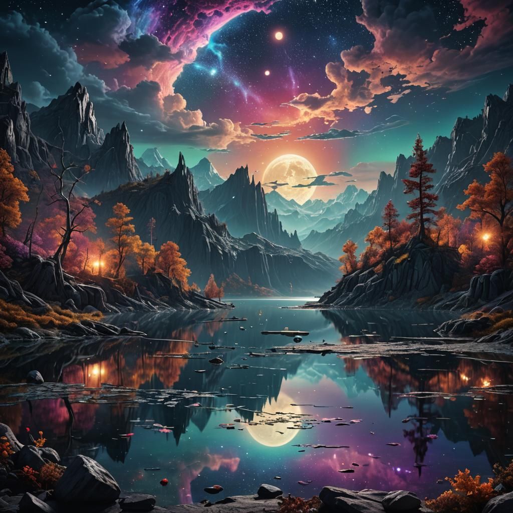 Cosmic Moonlit Lake: Detailed Fantasy Art