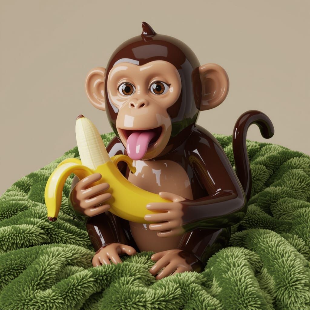 Blown Glass Monkey With Banana, Hyperrealistic 3D Render
