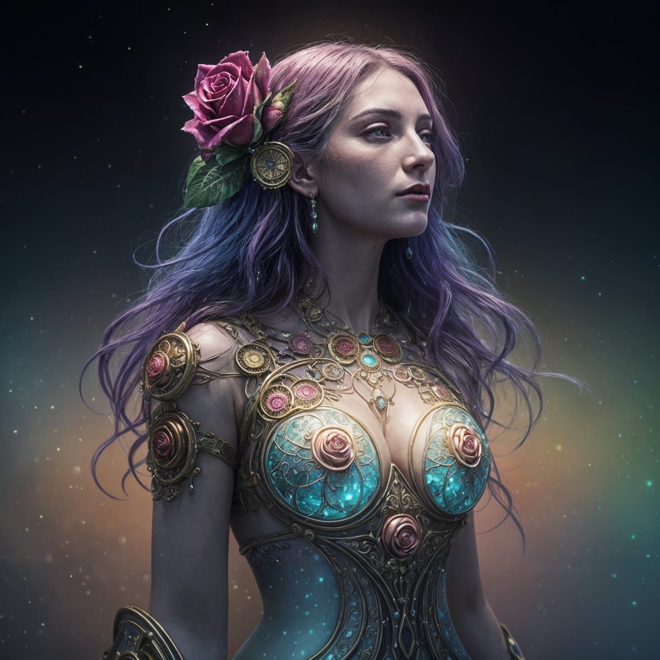 Hyper Realistic Steampunk Rose in Vibrant Rainbow Hues