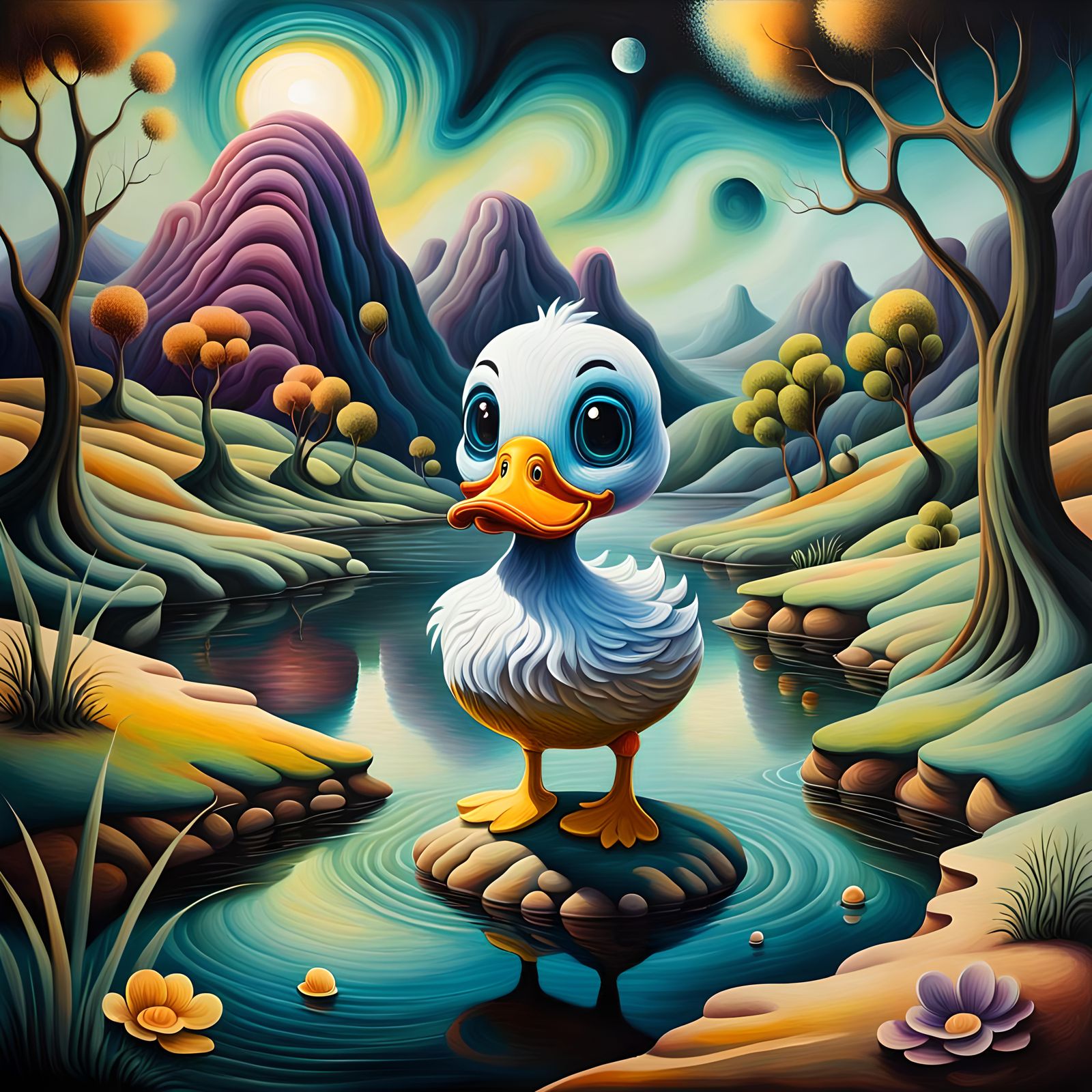 Chibi Duck in Surrealist Landscape as Pop Surrealism