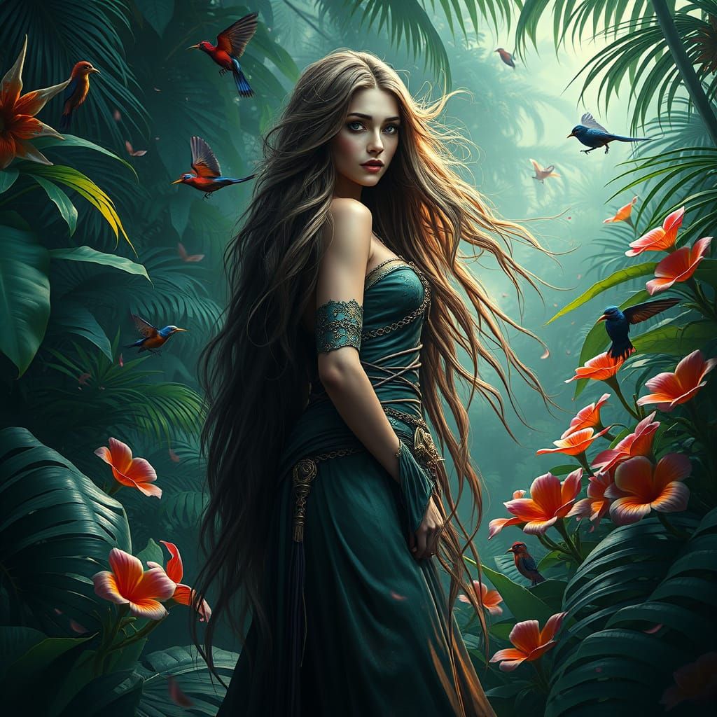 Hyperrealistic Sorceress in Tropical Rainforest