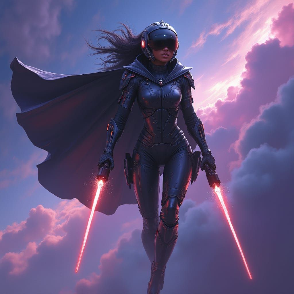 Sci-Fi Heroine Flies Spacecraft Amidst Nebula Clouds