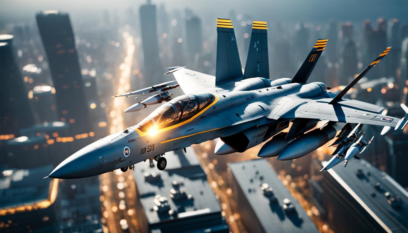 Futuristic F-18 Fighters Over City in Hyperrealism