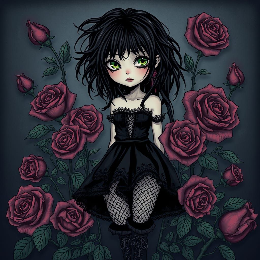 Goth Emo Girl in a Thorny Rose Garden