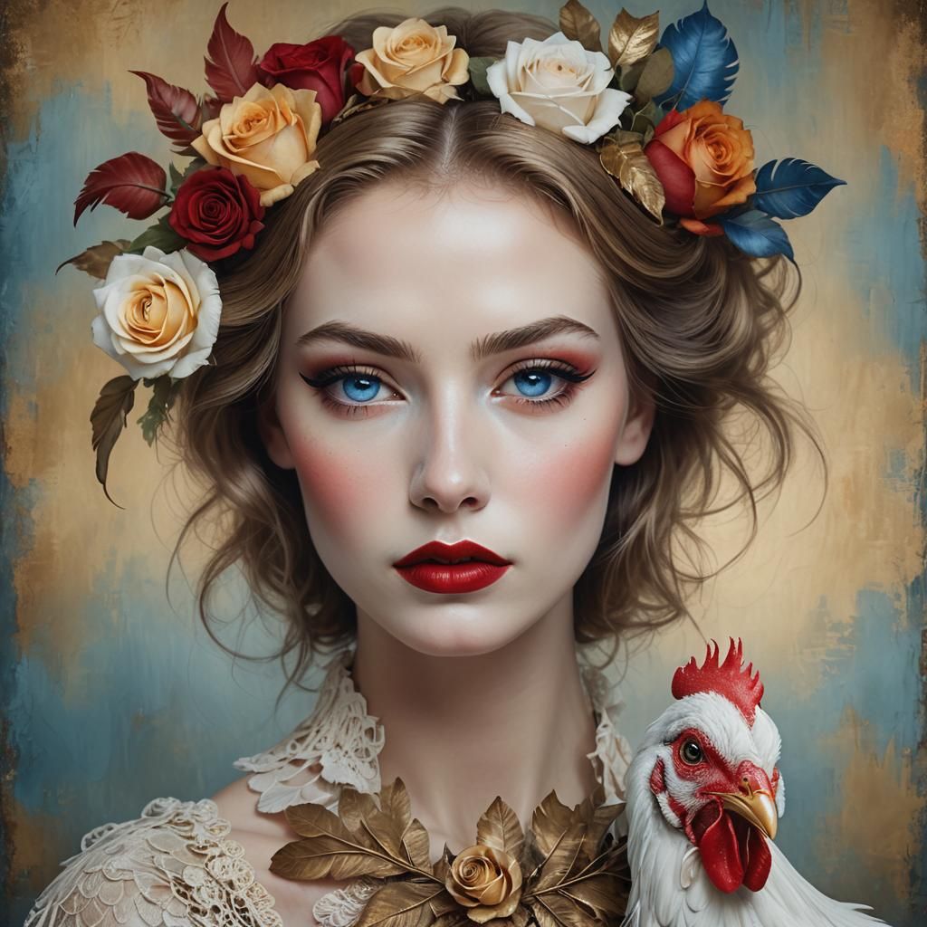 Rose Chicken Woman Portrait in Fantasy Art Style