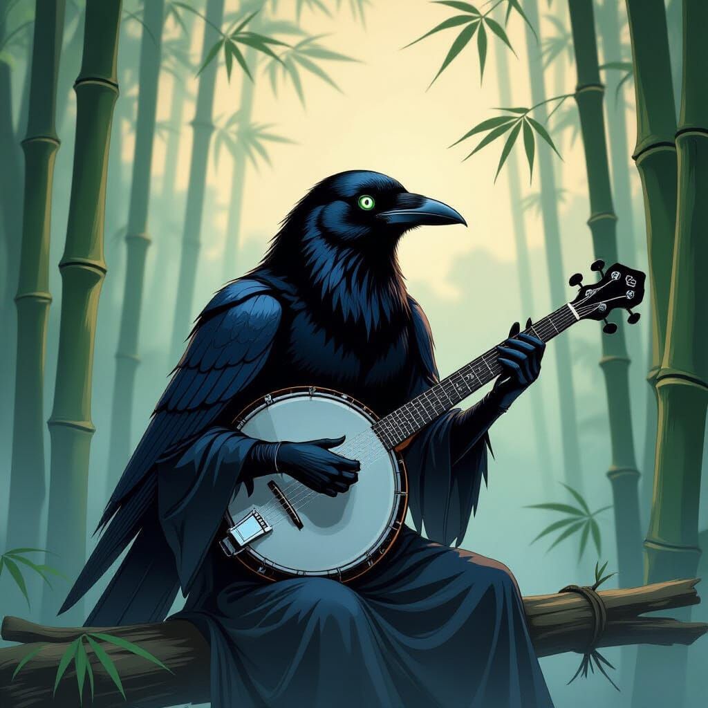Obsidian Crow with Emerald Eyes Plays Banjo in Bamboo Forest