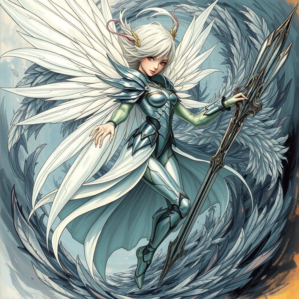 Feminine Angel Warrior Emerges in Cyberpunk Splendor