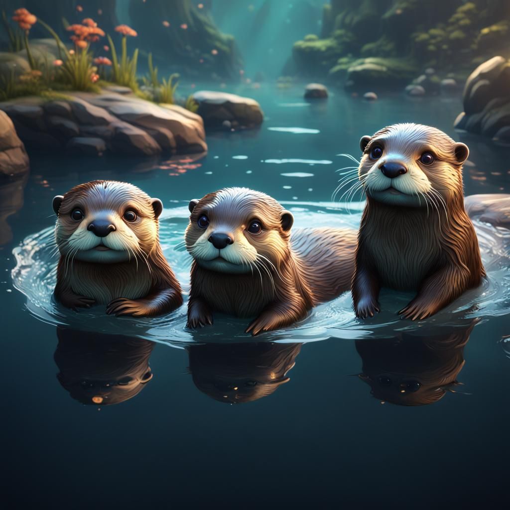 Playful Otters Floating: Detailed Digital Art