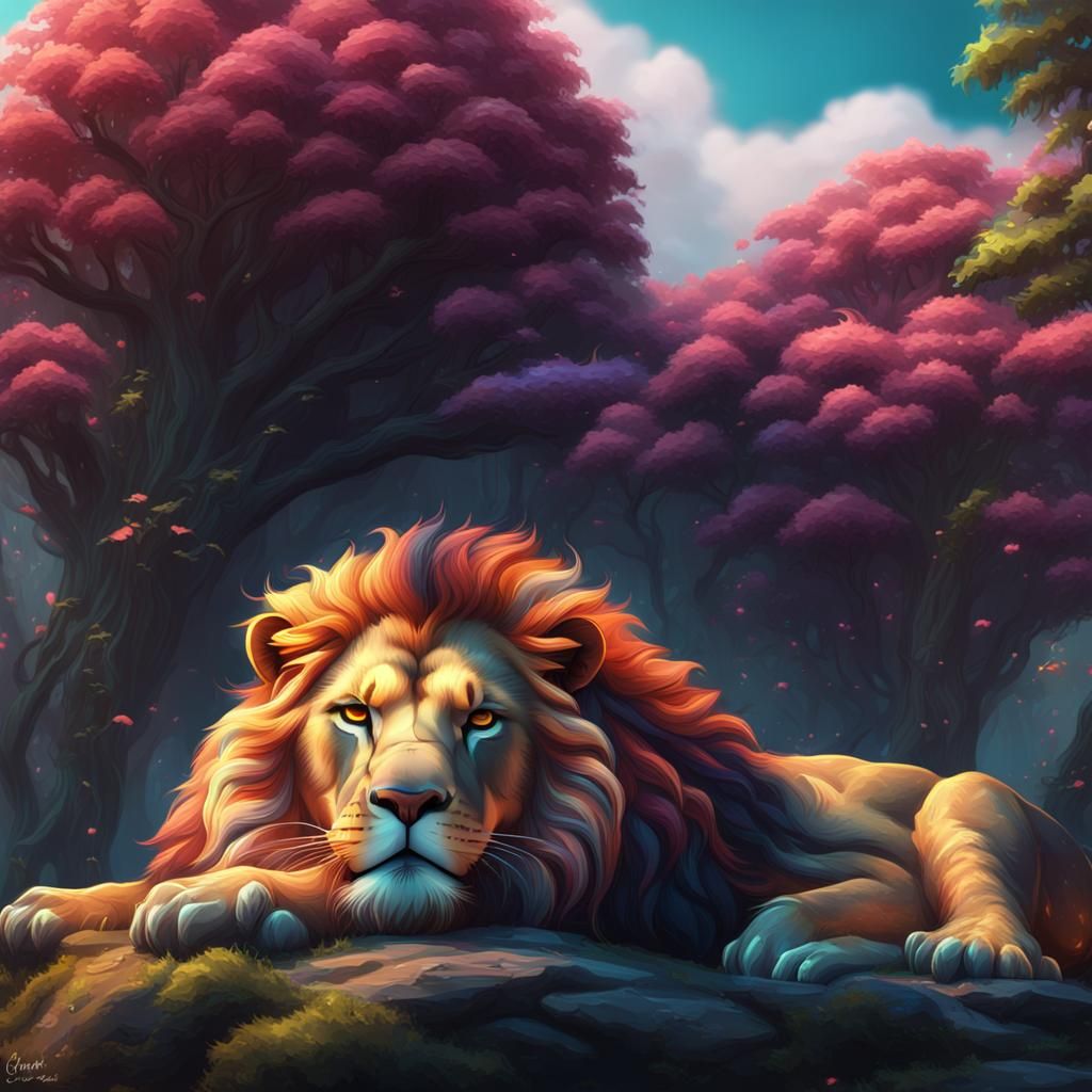 Colorful Sleeping Lion: Detailed Matte Painting