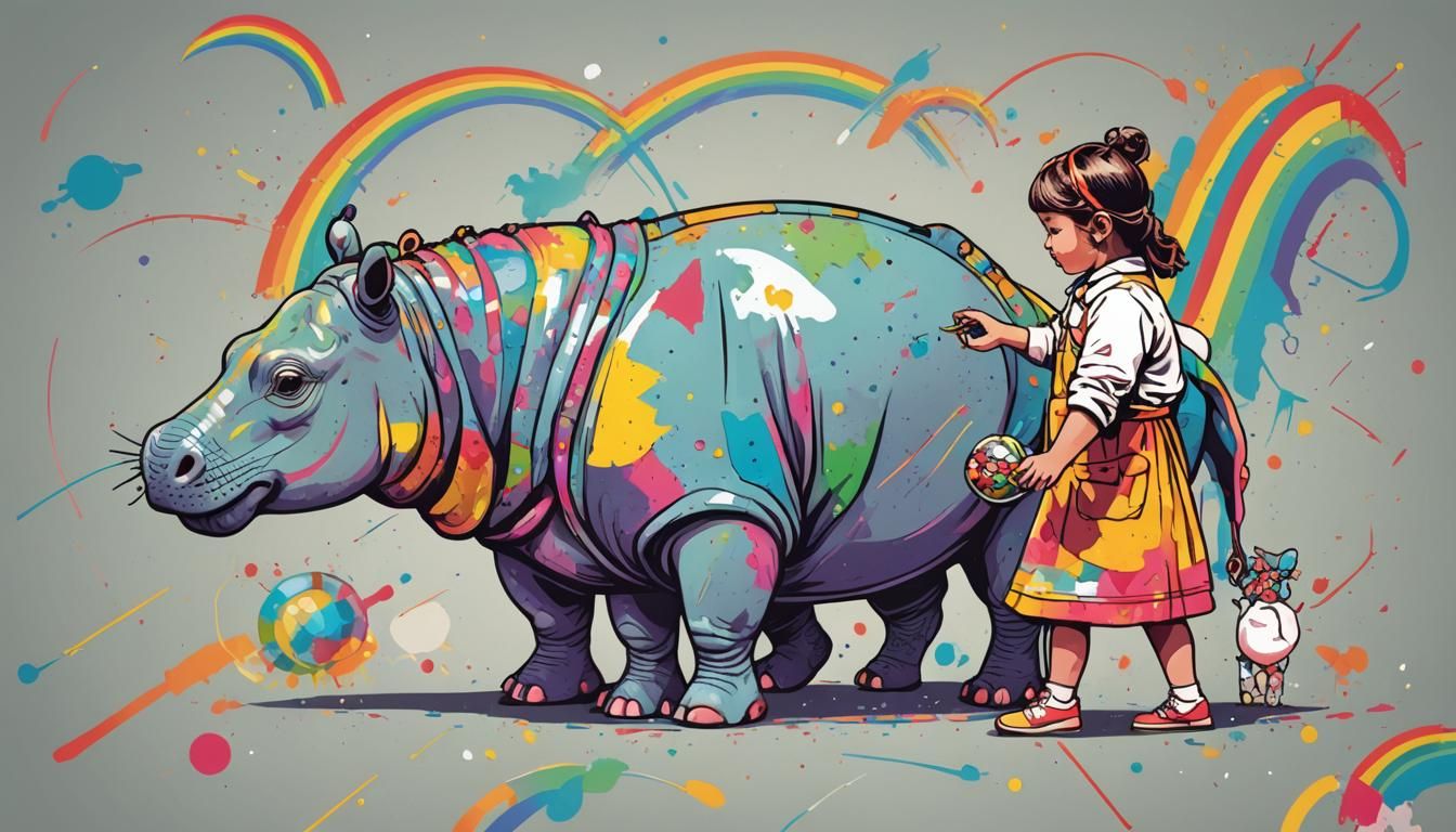 Rainbow Hippo and Girl: Pop Art Digital Illustration