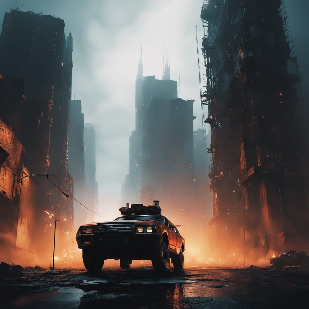 Cyberpunk Cityscape in Dark, Gritty Futuristic Style